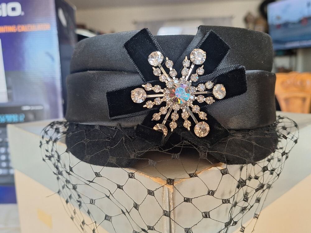 Vintage 1950s Styled by Coralie Black Cocktail Hat Rhinestone Brooch Veil